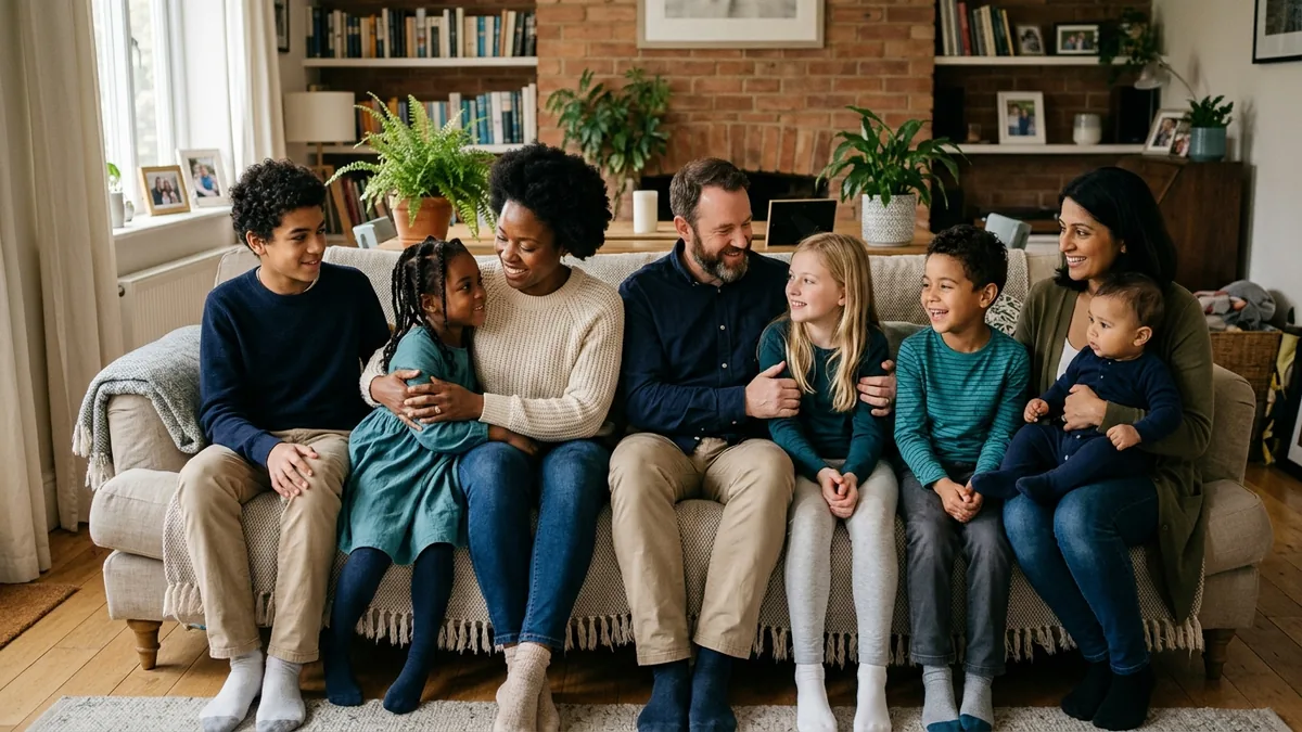A blended family with step-parents and children sitting together at home