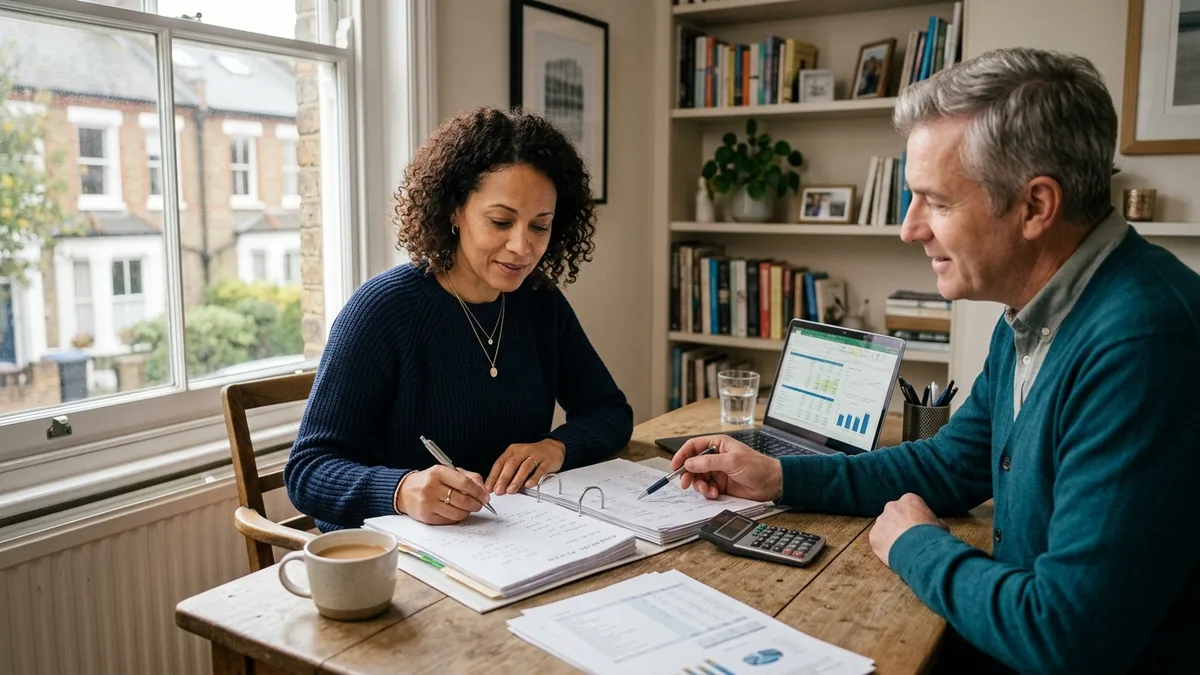 A small business owner reviewing company accounts, representing how a business is valued and divided on divorce