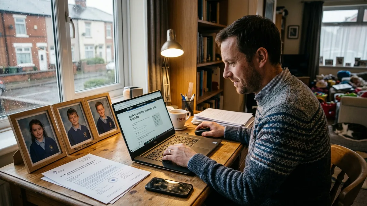 A father at a desk in a UK home completing the C100 child arrangements application on a laptop, with a printed MIAM confirmation and school photographs of his children nearby