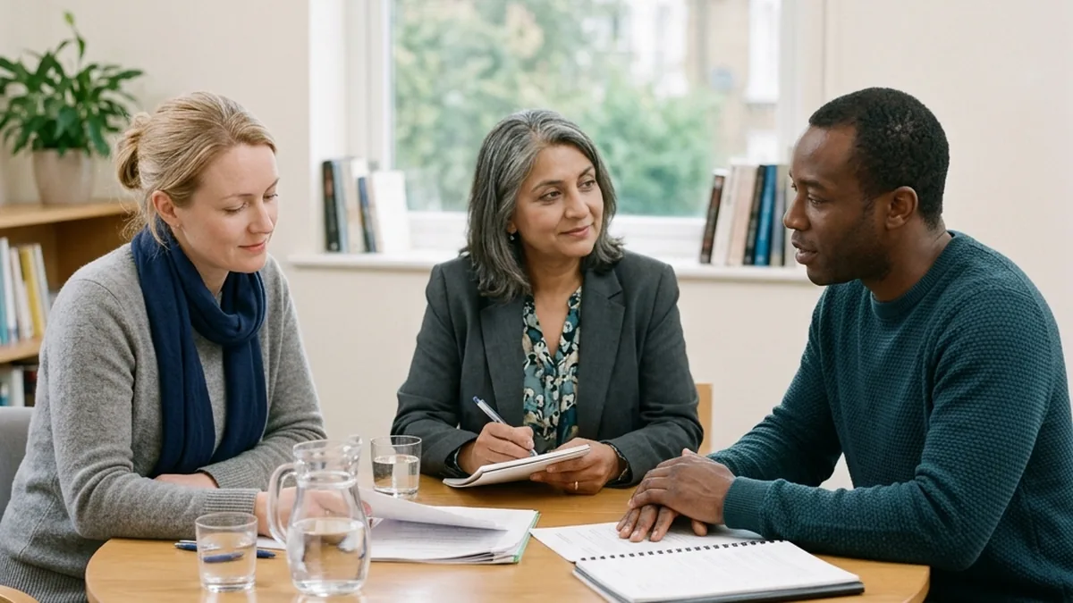 Two parents sitting with a family mediator, calmly planning arrangements for their children