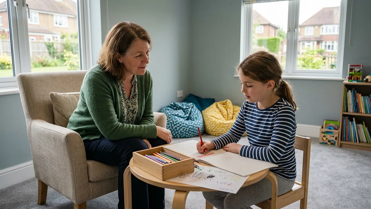 A friendly mediator listening to a ten year old girl who is drawing at a small table in a comfortable consultation room in England, with beanbags and a box of colouring pencils nearby