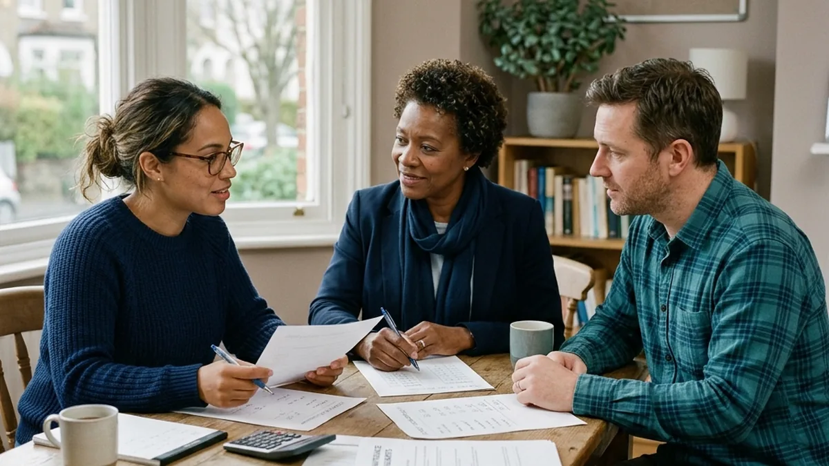 Two parents working out child maintenance figures with a mediator