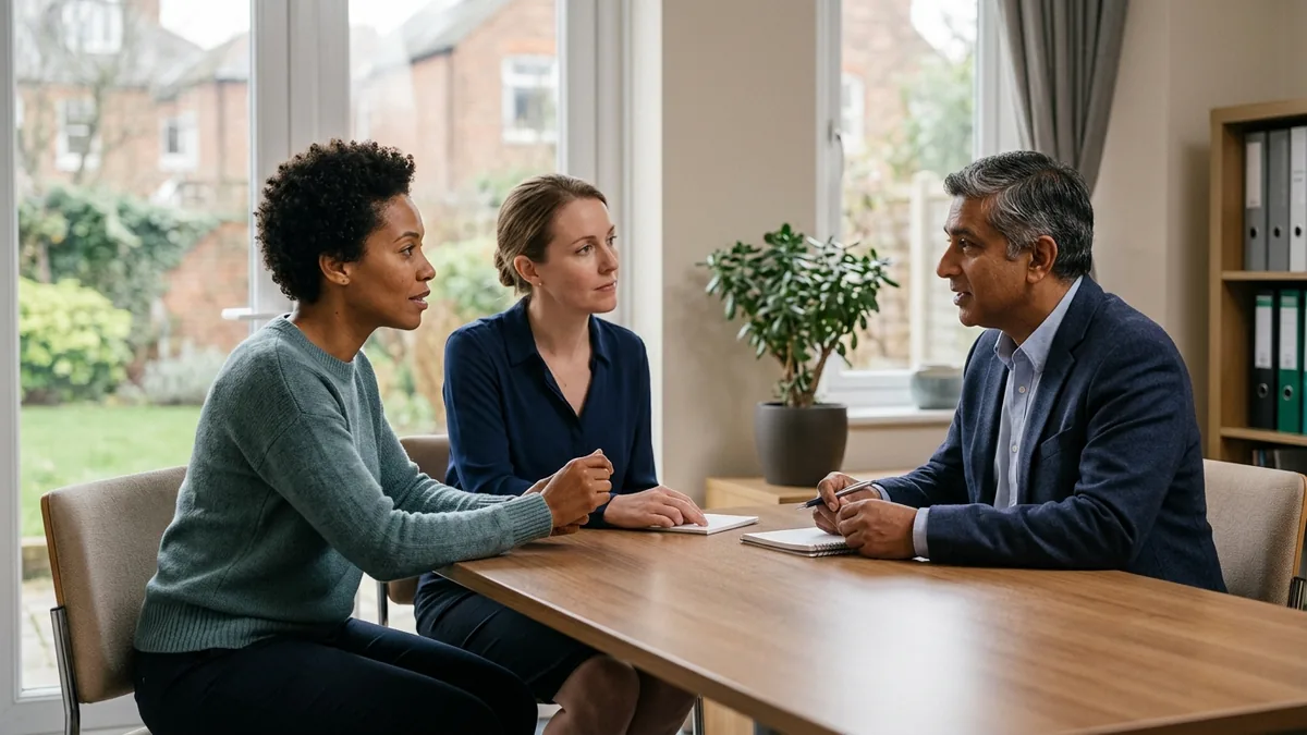 A same-sex couple discussing the dissolution of their civil partnership with a family mediator