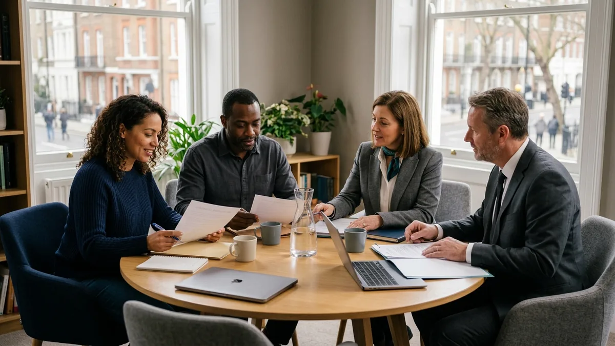 A separating couple and their two collaborative lawyers working together around a round table