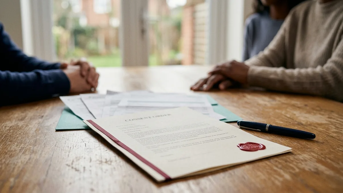 A sealed consent order document on a desk beside a pen and financial papers