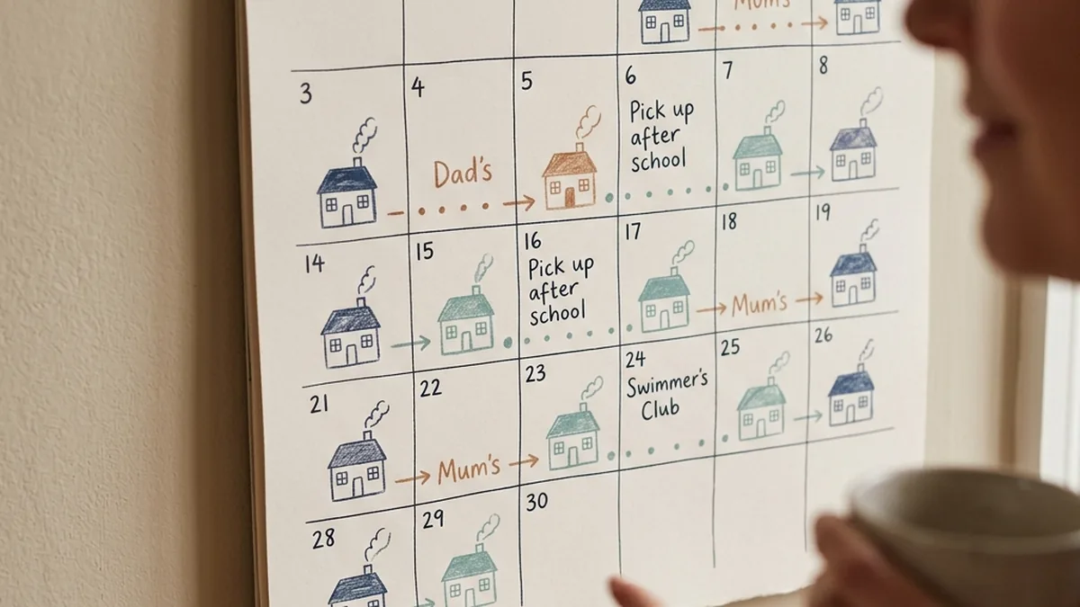 A calendar showing a shared parenting schedule with time split between two homes