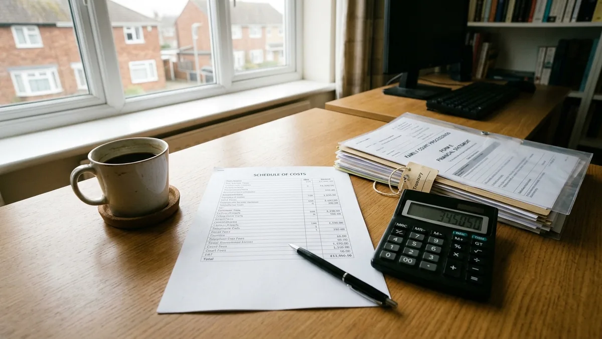 A solicitor's costs schedule and a calculator on a desk beside family court papers and a cup of coffee in a UK home office