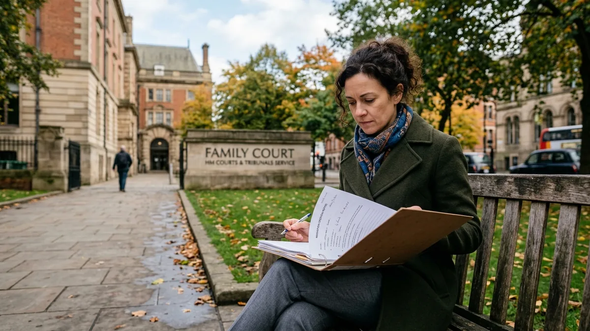 A woman sitting on a bench outside a family court building in an English city, reviewing notes from a mediation session in a folder on her lap