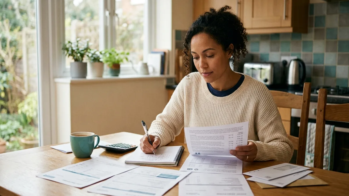 A person reviewing credit card and loan statements at a kitchen table while working out shared debts after separation