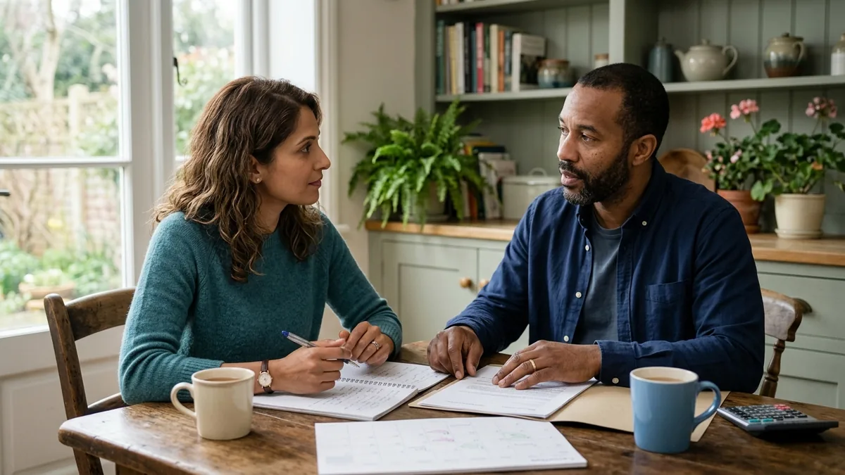 A separating couple talking calmly at a kitchen table as they work out their own arrangements
