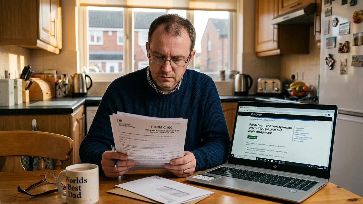A man at a kitchen table in a UK home reading a printed C100 court form with a laptop open beside him showing a family court website