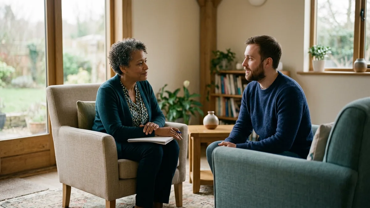 A person speaking privately and confidentially with a family mediator in a calm, safe setting