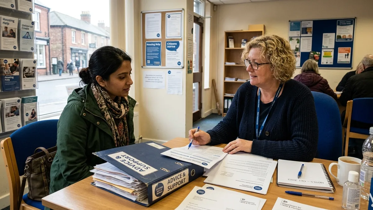 A woman sitting with a support worker in a quiet advice centre in a UK town, a folder of letters and forms open on the table between them