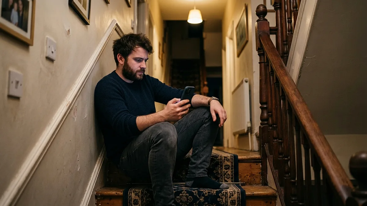 A man sitting on the stairs of a UK terraced house looking at an unanswered text message thread on his phone