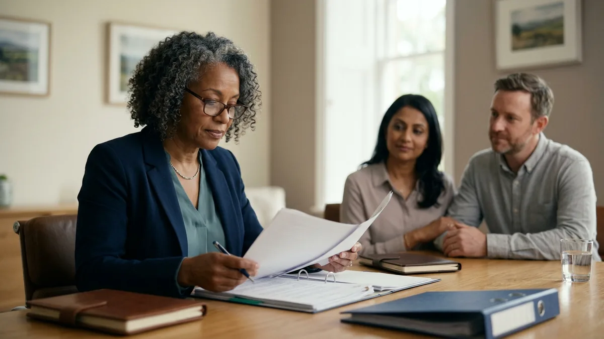 A family arbitrator reviewing documents before making a binding decision in a private setting