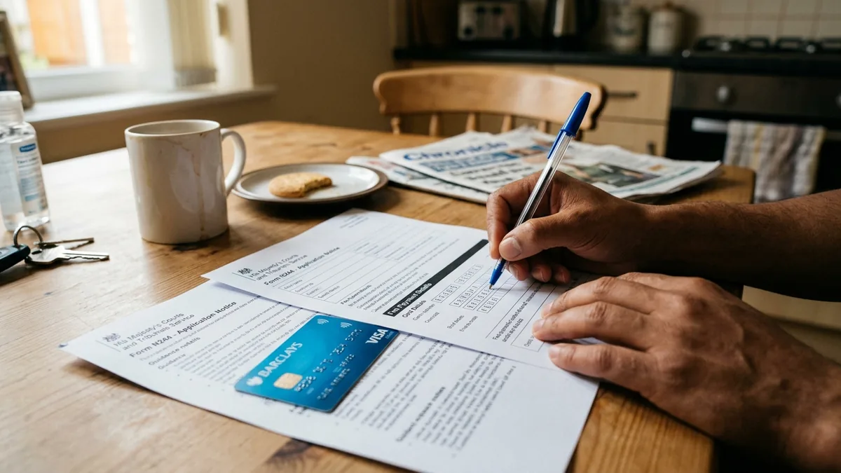 Court application forms and a debit card laid out on a kitchen table in a UK home, with a person's hands filling in the fee payment section