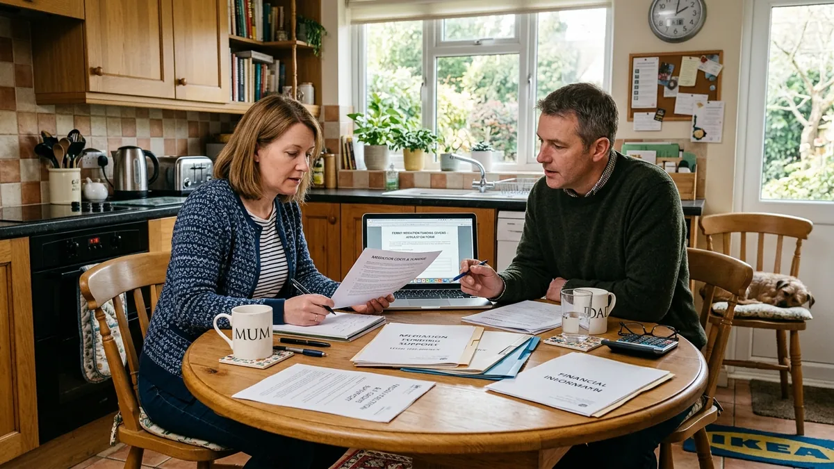 A mother and father sitting at a kitchen table in a British home, reviewing paperwork about mediation funding with a laptop open between them