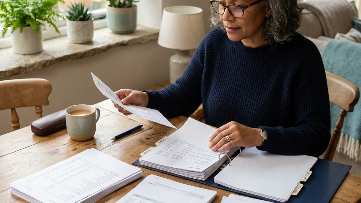 A person organising bank statements, payslips and pension documents on a table ready for financial disclosure