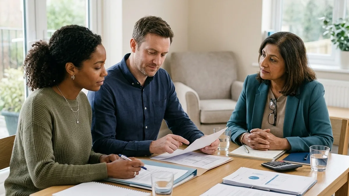 A separating couple sitting with a family mediator, working through their finances at a table with documents