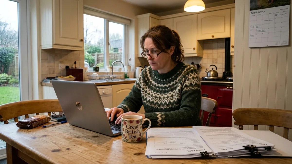 A woman at a kitchen table in a British home completing the FM5 court form on a laptop, with printed family court papers and a mug of tea beside her