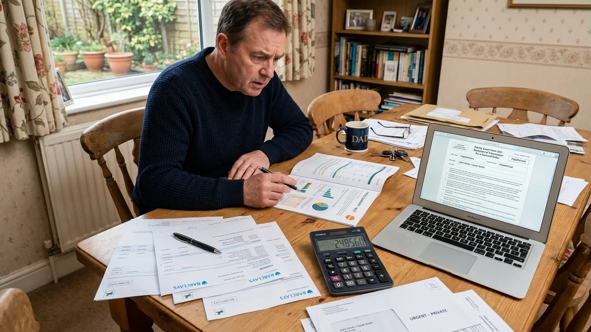 Bank statements, a pension summary and a calculator spread across a dining table in a British home, with a laptop showing a family court form