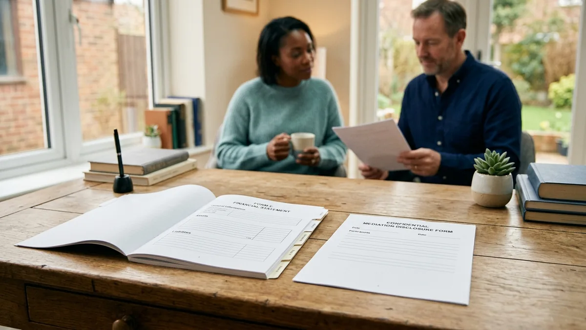 A blank Form E financial statement next to a simpler mediation disclosure form on a desk