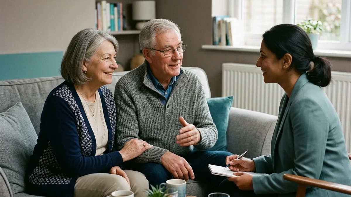 Grandparents talking warmly with a mediator about seeing their grandchildren