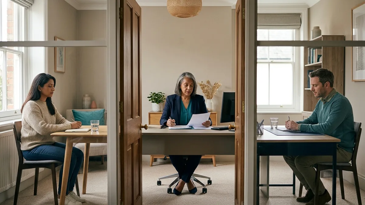 Two separating parents in separate rooms taking part in shuttle mediation with a mediator