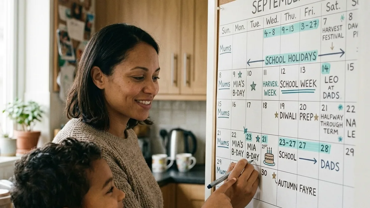 A family calendar marked with school holidays, birthdays and festivals shared between two homes