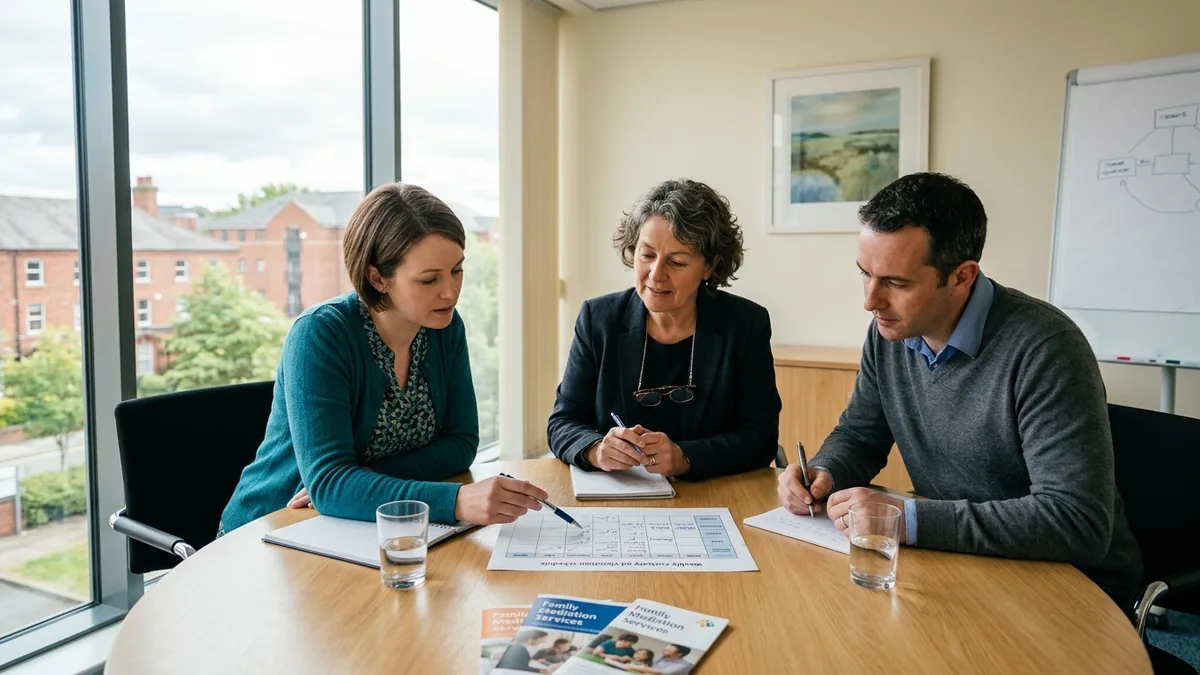 A separated mother and father sitting at a round table with a family mediator in a bright meeting room in England, looking together at a printed weekly schedule and taking notes