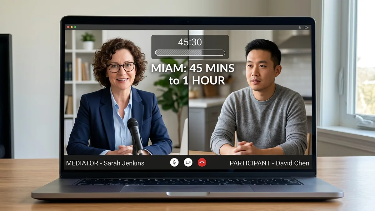 Online MIAM video call showing a 45 minute to one hour meeting length