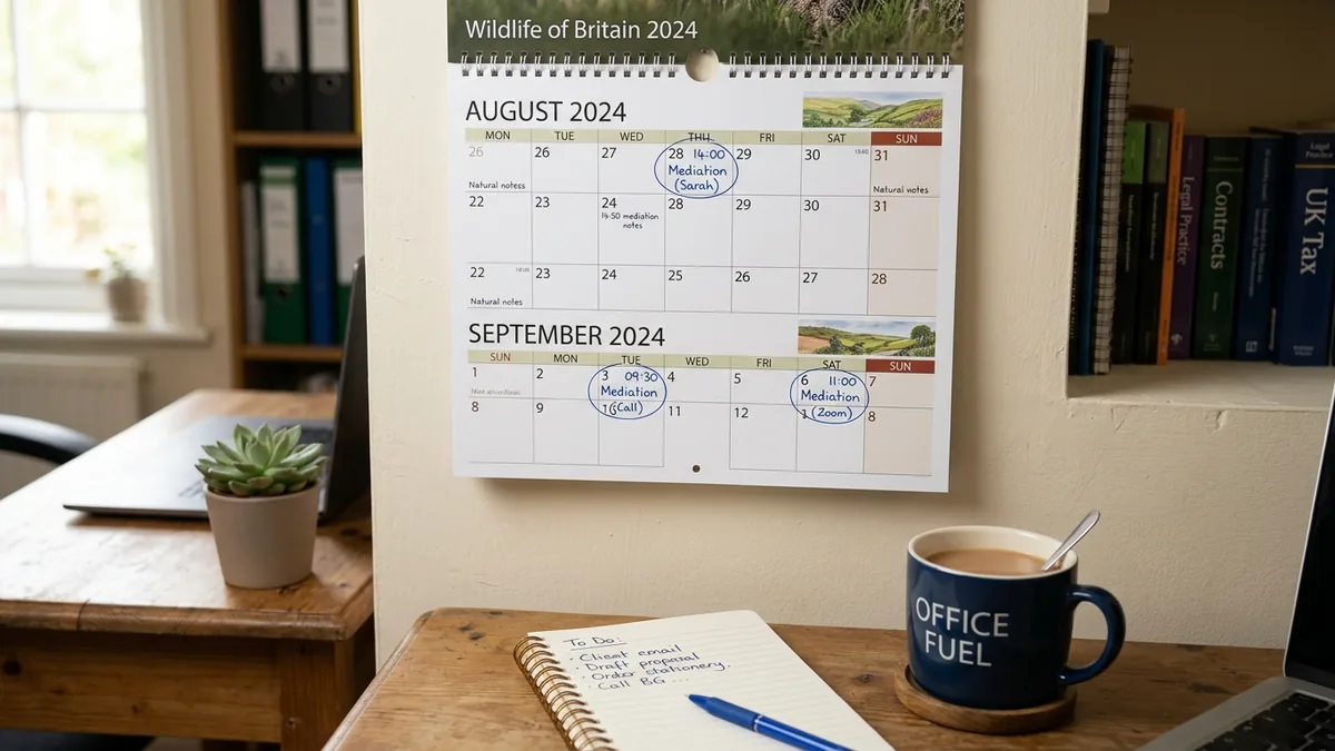 A wall calendar in a British home office with three mediation appointments marked in pen across two months, a notepad and mug on the desk below
