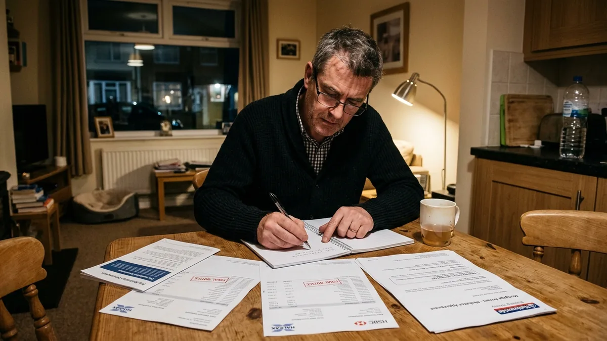 A man at a dining table in a UK home making handwritten notes from bank statements and a mortgage letter the evening before a mediation appointment