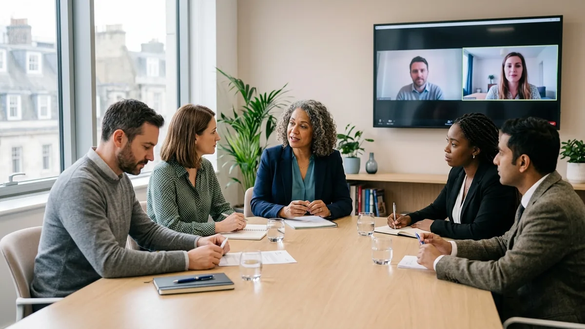 A mediator working with a separating couple and their lawyers around a table in a hybrid mediation session