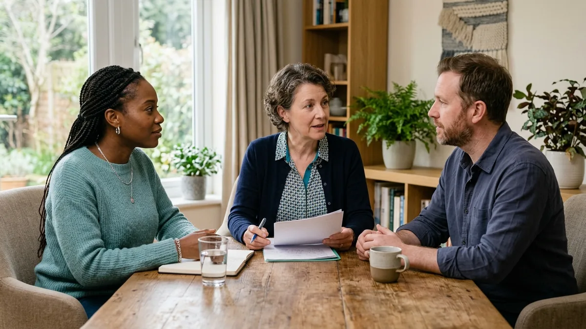 Two parents sitting down with a mediator to revisit an arrangement that has stopped working