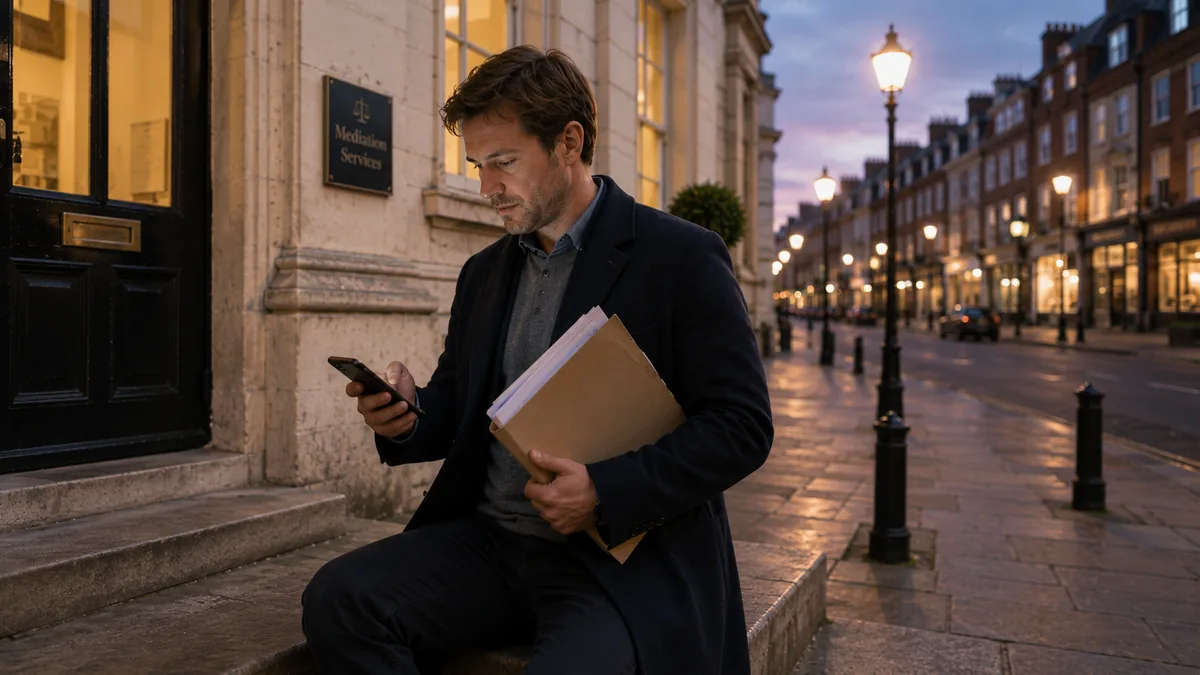 A man pausing on the steps outside a mediation office on a British high street at dusk, holding a folder of papers and checking his phone