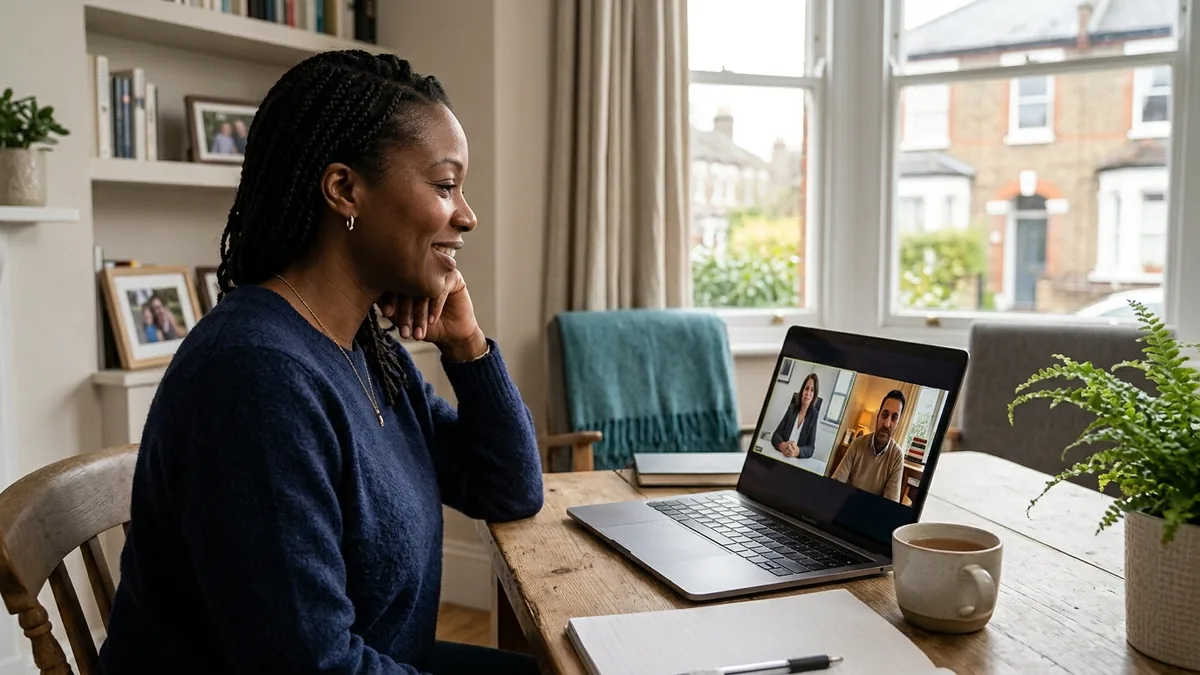 Two parents in different countries taking part in an online cross-border family mediation session