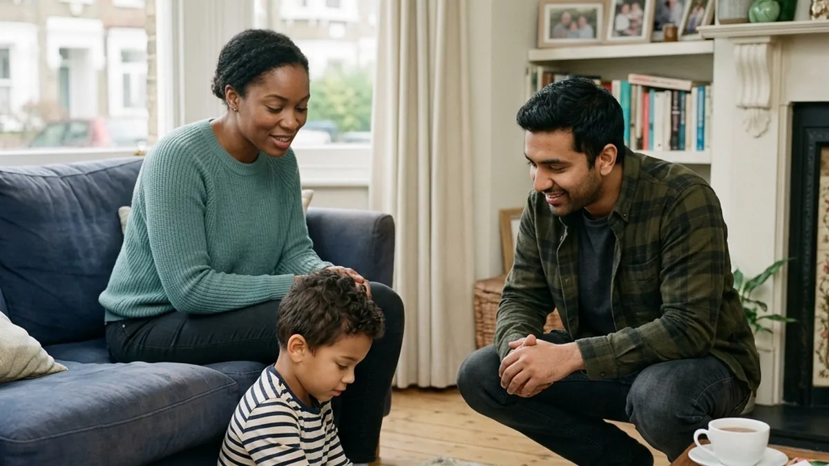 A parent, child and new partner sharing a relaxed, low-key first meeting