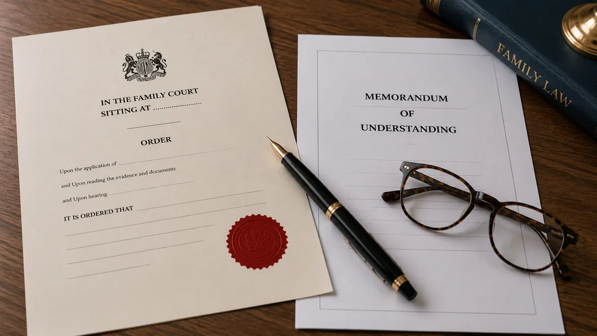 A sealed family court order and a memorandum of understanding lying side by side on a solicitor's desk in England, with a fountain pen and reading glasses resting on the paperwork