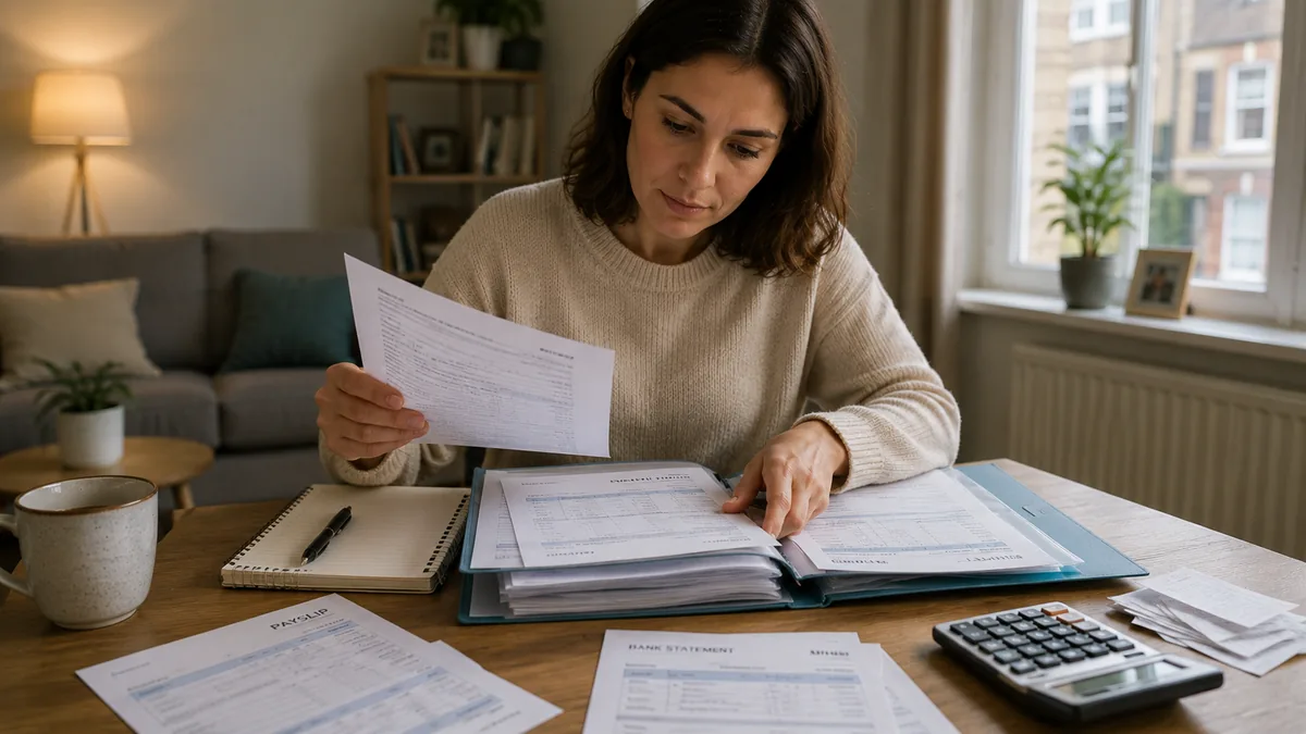 A woman at a desk in a small British flat gathering payslips and bank statements into a folder, preparing evidence for a legal aid assessment