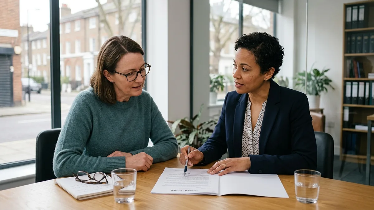 A solicitor and client reviewing a consent order drawn up from a mediation agreement