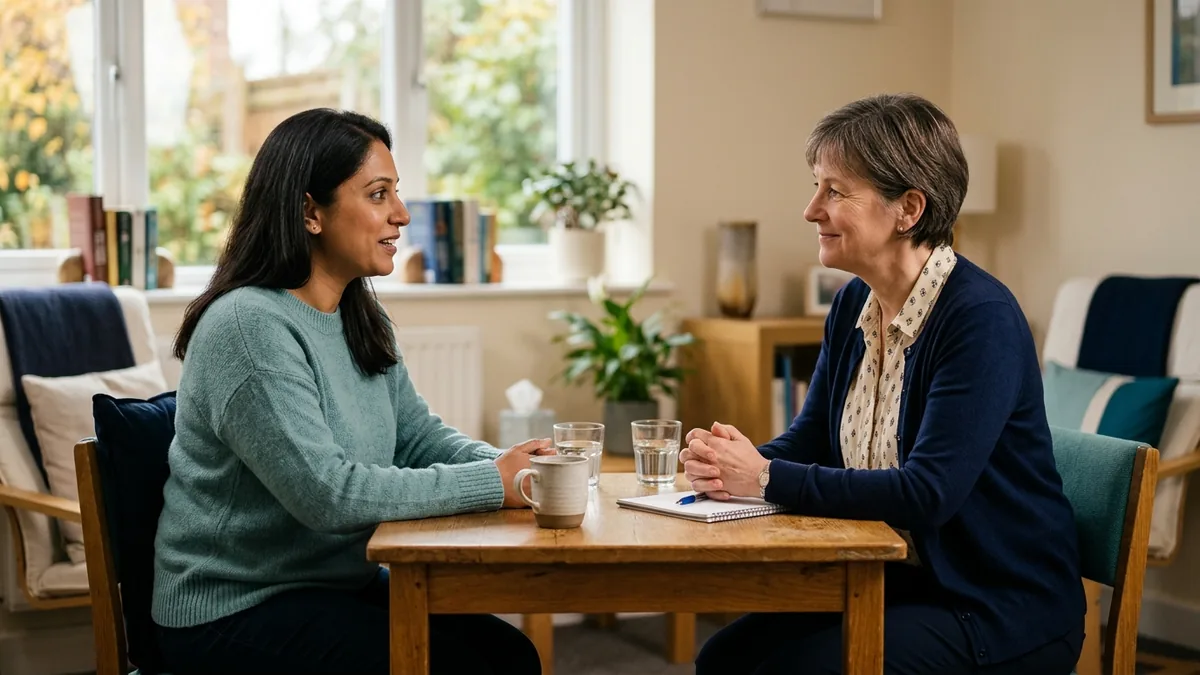 A person talking privately and confidentially with a family mediator about a controlling former partner