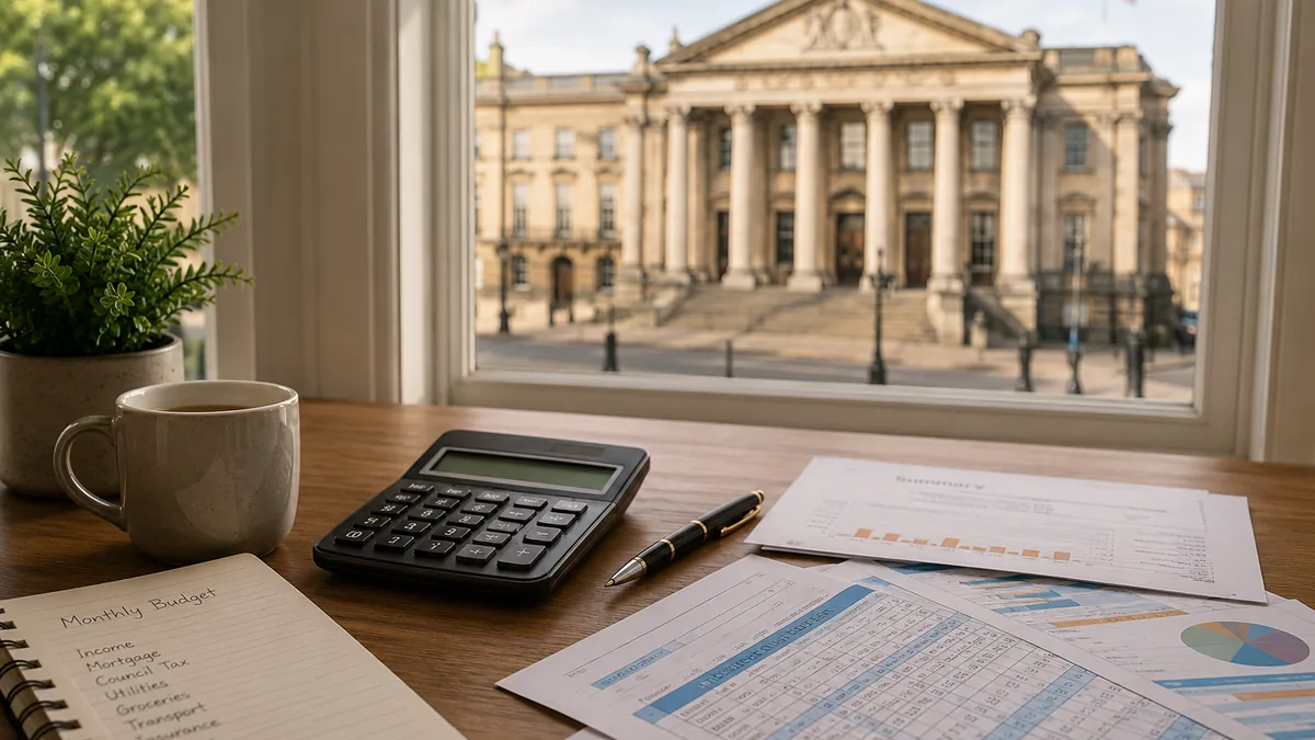 A set of scales on a wooden desk beside a calculator and household bills, with an English county court building visible through the window behind