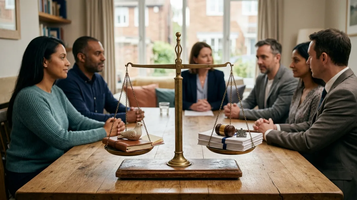 A balanced set of scales representing the choice between family mediation and the family court