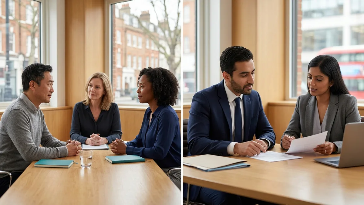 A separating couple at a mediation table alongside an image of solicitors negotiating on their clients' behalf