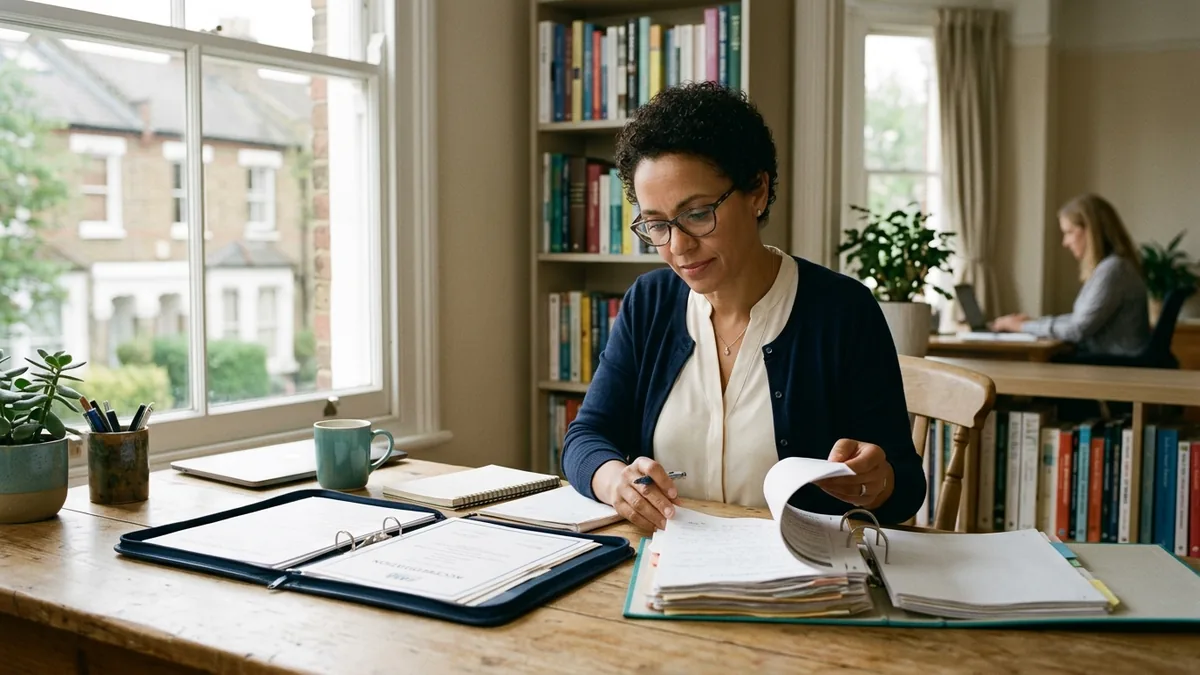 A family mediator reviewing accreditation paperwork and a portfolio of casework at a desk