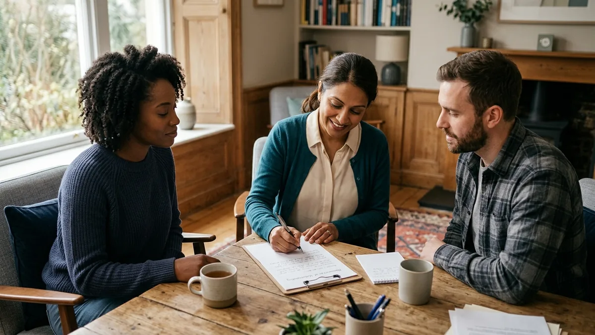 A family mediator writing up a memorandum of understanding while a couple look on