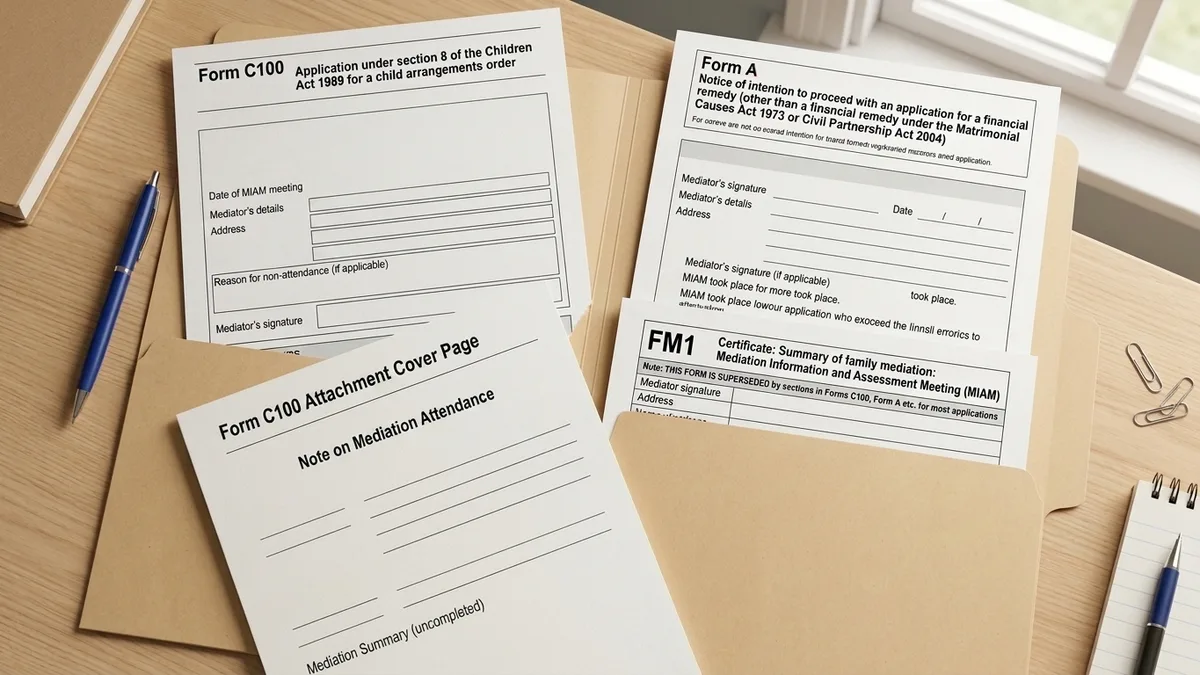 C100 and Form A court forms on a desk with the superseded FM1 certificate, showing where the mediator signs the MIAM section