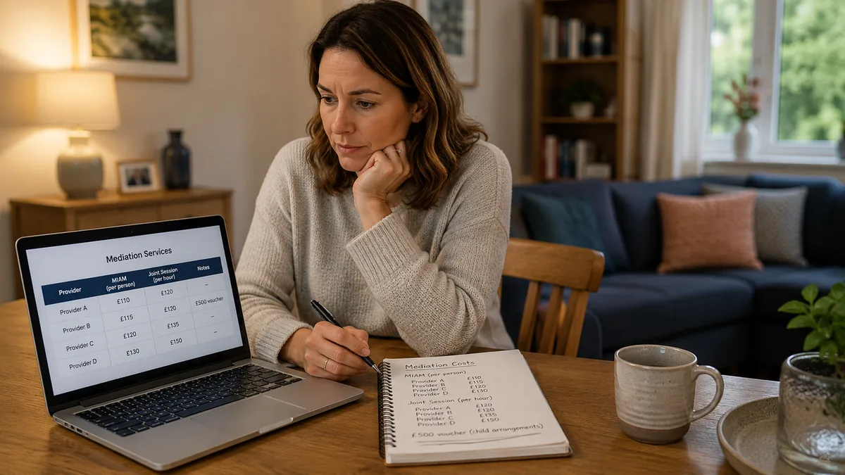 A woman at a desk in a UK living room comparing mediation service prices on a laptop, with a notebook of handwritten figures beside her