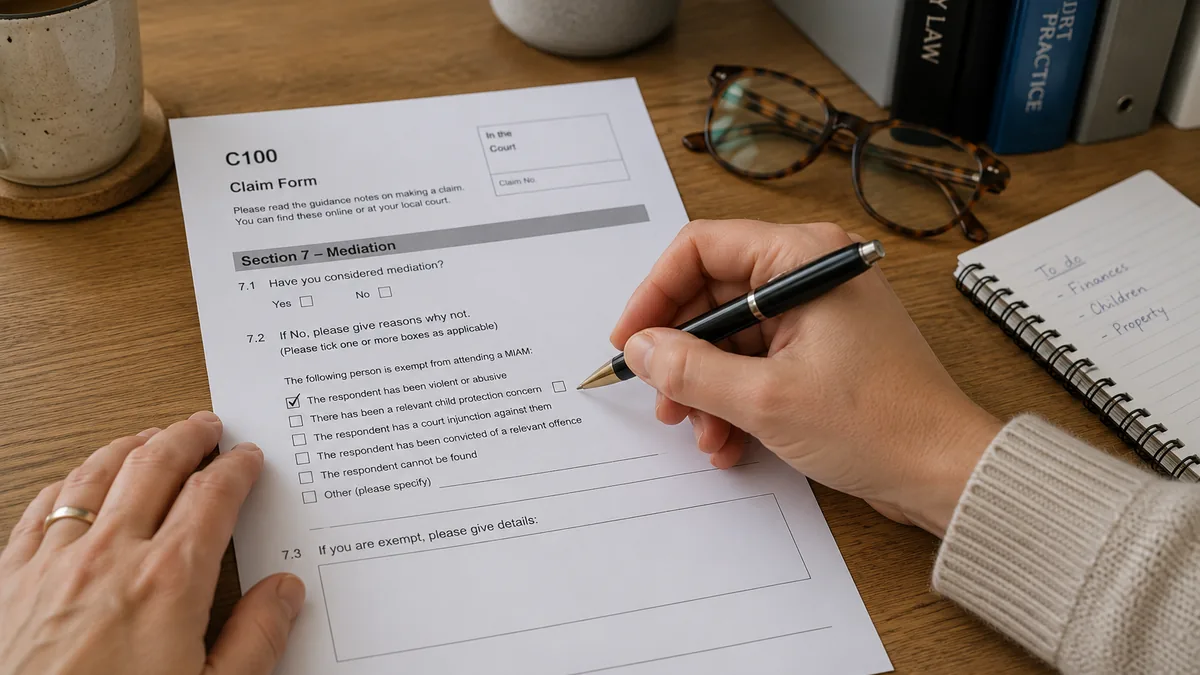 A person completing the MIAM exemption section of a C100 form at a desk, ticking the box that applies to their situation